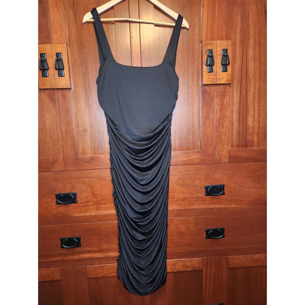 Long Black Sleeveless Bodycon Dress Ruching Down the Front Size XL - Picture 2 of 7